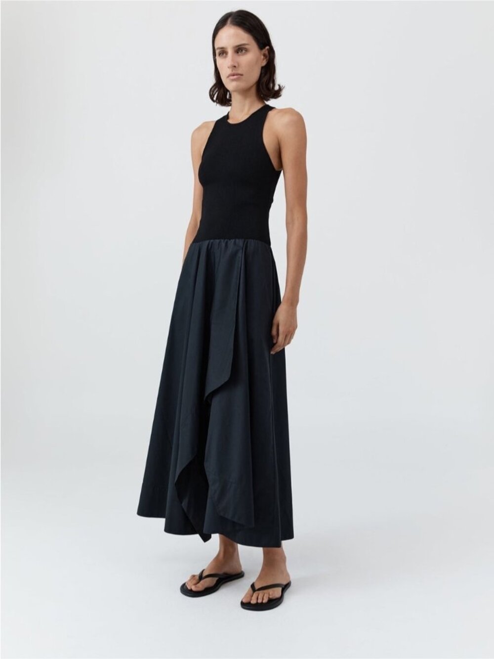 St. Agni Knit Bodice Asymm Dress Poplin Cotton - Black | US XS - Picture 2 of 13